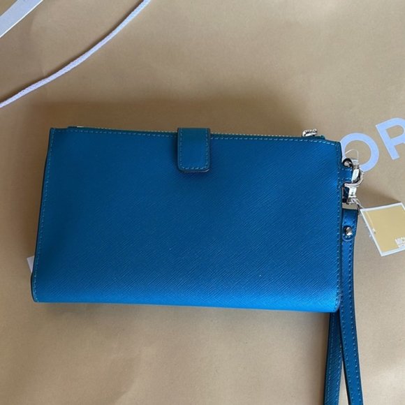 Michael Kors Large Double Zip Leather Wallet Wristlet Phone Case Lagoon - Picture 12 of 16